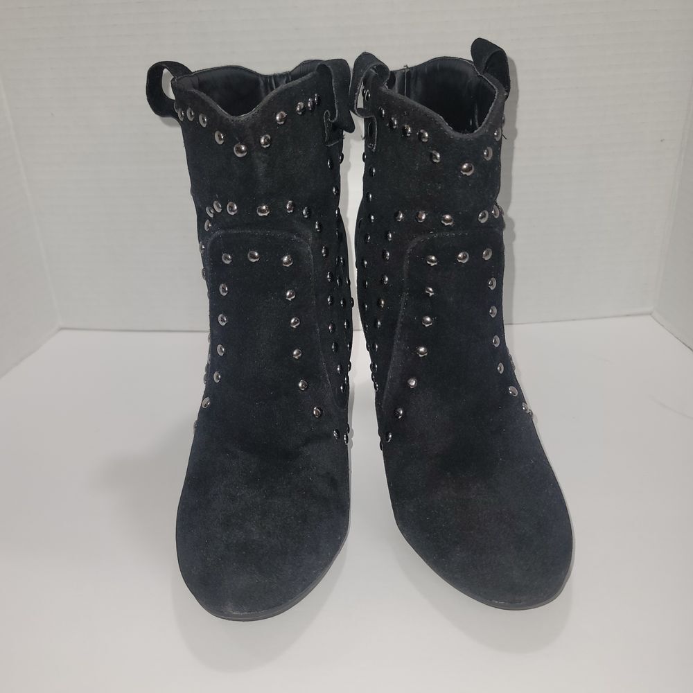 Rue 21 Etc Chunky High Heeled Black Studded Ankle Boots Moto Goth Biker Size 8/9 - Picture 5 of 9